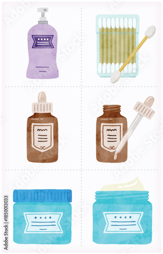 Skincare and Beauty Products Watercolor Illustration Set