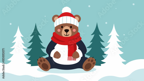 Plush teddy bear in a winter landscape with coniferous trees and snow