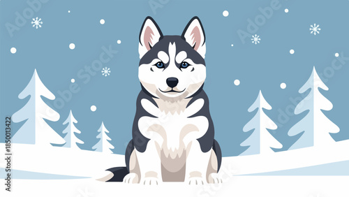 Siberian Husky puppy with black-and-white fur and blue eyes in a snowy winter landscape