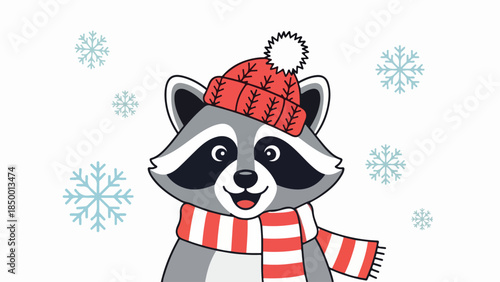 Cartoon raccoon wearing a red hat and scarf with blue snowflakes in the background