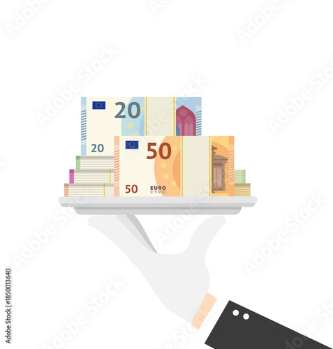 Waiter hand hold the tray with a lot of money. Financial and economic concept. Europen bill cash money. Vector stock