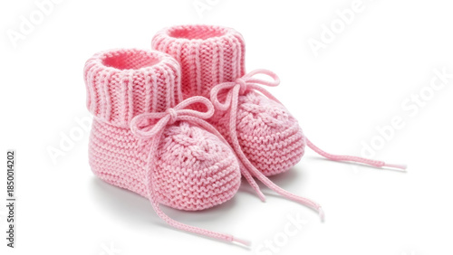 A pair of soft pink knitted baby booties sit neatly side by side, each tied with a delicate satin ribbon