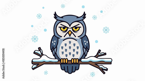 Blue and white owl with yellow eyes perched on a snow-dusted branch
