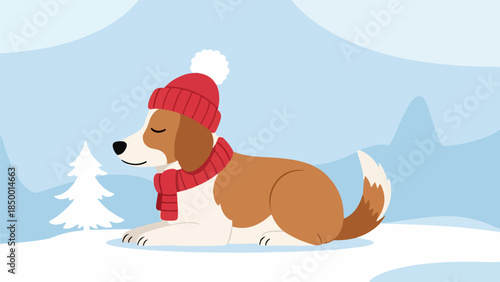 Cheerful cartoon beagle with red knit hat and scarf resting in snowy winter landscape