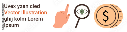 Business growth, financial planning, decision-making, data analysis, currency exchange, digital marketing. Hand pointing, magnifying glass with eye coin with dollar sign. Business growth