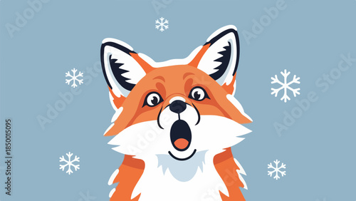 Digital illustration of a lively fox with orange and white fur against a light blue background with snowflakes