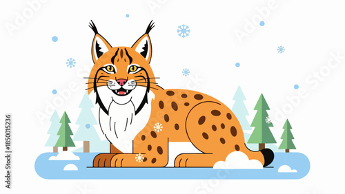 Bobcat lying in a winter landscape with snow-dusted coniferous trees and falling snowflakes