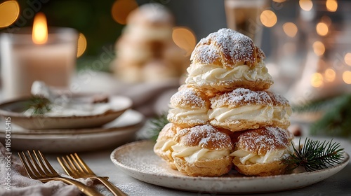 Christmas choux pastry dessert filled with cream and powdered sugar in cozy festive setting