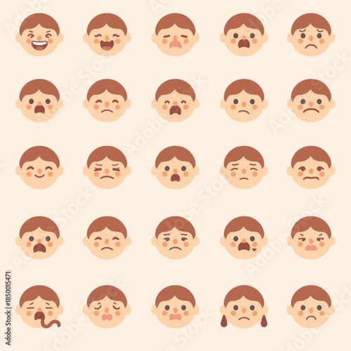 25 Cute Cartoon Boy Faces Showing Various Emotions