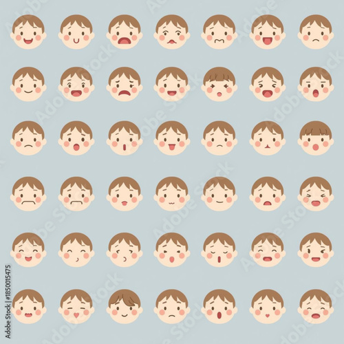 Set of 35 Cartoon Children Faces with Different Emotions