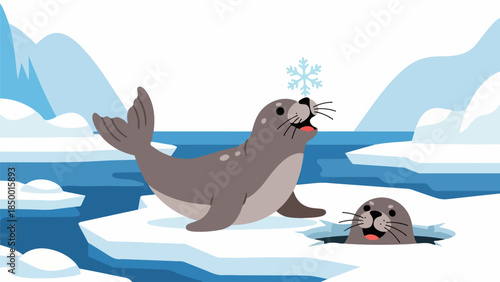 Two playful cartoon seals in a serene polar landscape with icebergs and an overcast sky