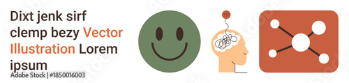 Mental health, emotional wellbeing, neural connections, positive mindset, psychology, brain function. Green happy face, human head with neural illustration network icon. Mental health and emotional