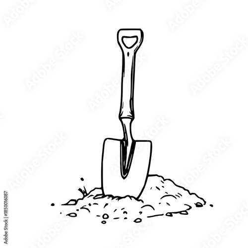 Line art shovel embedded in a dirt pile — black-and-white vector illustration