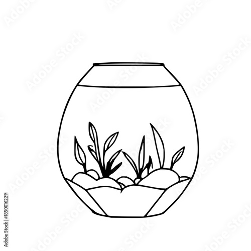 Minimalist line-art fishbowl with rocks and aquatic plants (vector illustration)