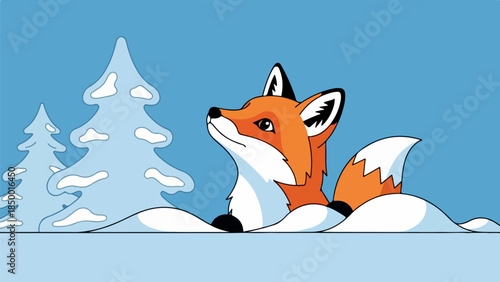 Curious fox peeking over snowdrift in winter landscape with pine trees and blue sky