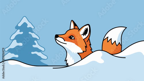Stylized illustration of a fox with vibrant orange and white fur resting in a snowy landscape
