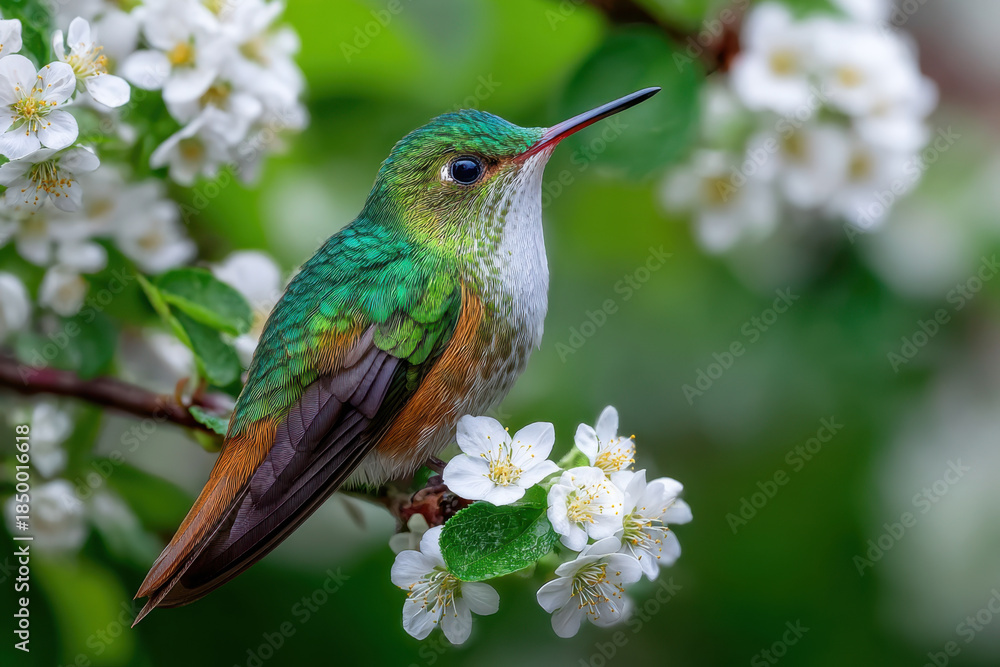 Obraz premium Hummingbird Perched on Blossoming Branch