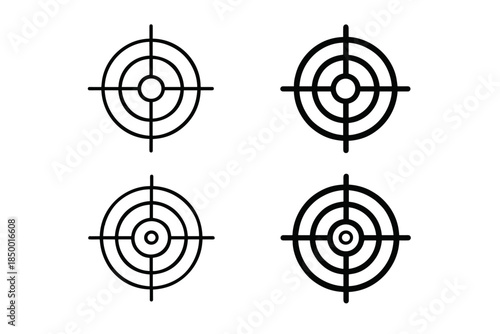 Set of four simple black and white target icons with different line weights and center dots