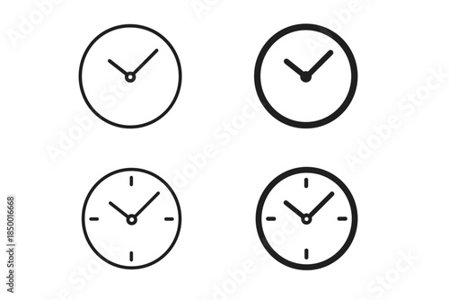 Collection of four minimalist clock icons with different styles and hand positions
