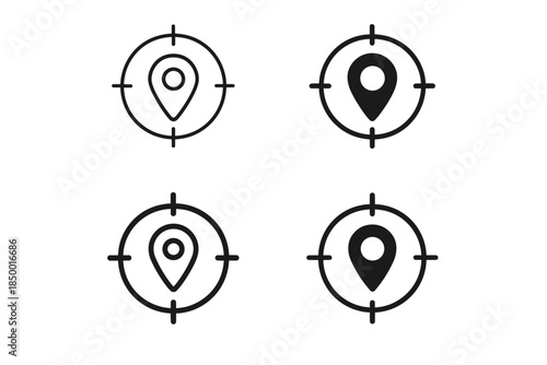 Set of four location pin icons within target reticles, representing navigation and precision
