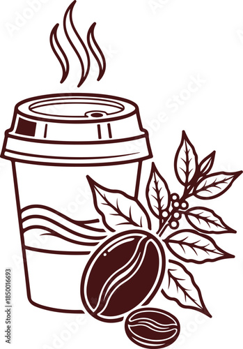 A comforting illustration of a steaming hot coffee cup with fresh beans and natural leaves