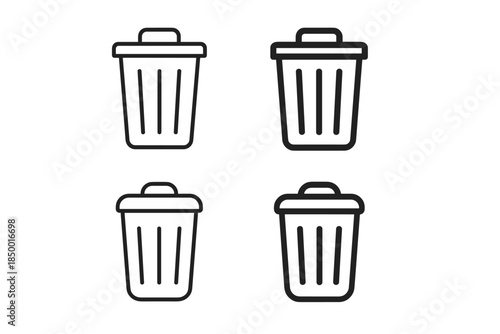 Set of four simple line art trash can icons with lids on a white background