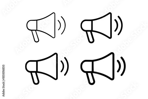 Set of four simple line art megaphone icons with sound waves on a white background