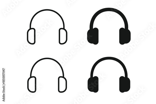 Set of four headphone icons, two outlined and two solid black, on a white background