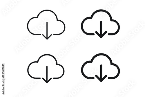 Cloud download icons set, simple outline and filled styles for data transfer