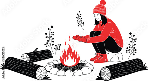 Woman warming hands by campfire in winter wearing red sweater and hat outdoor camping adventure flat vector illustration