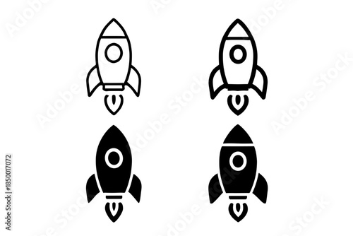 Set of rocket icons in outline and solid fill styles for space exploration and startup concepts