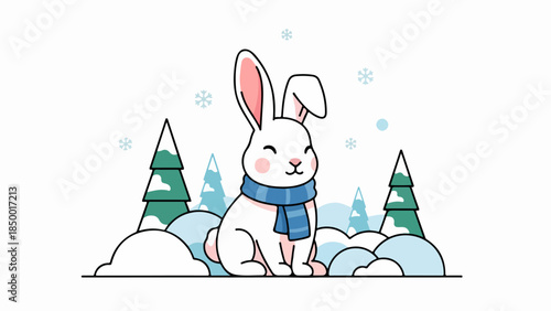 Cheerful white rabbit with pink ears and blue scarf in snowy winter landscape
