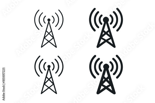 Set of four communication tower icons with signal waves, two outlined and two solid