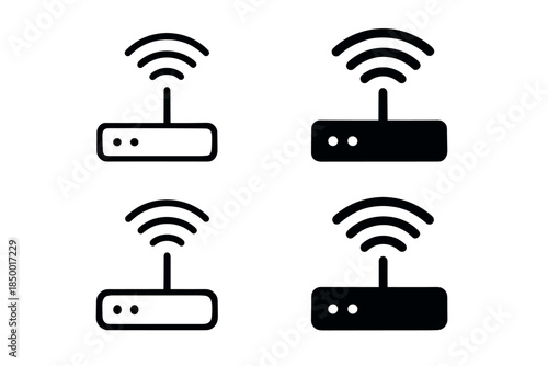 Set of four router icons showing wireless signal transmission in outline and solid styles