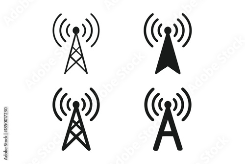Collection of four black and white icons representing radio towers and signal transmission