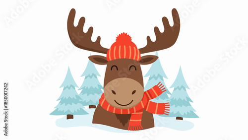 Cheerful moose with red and white hat and scarf in snowy forest illustration