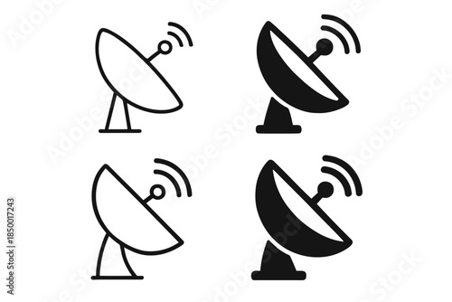 Satellite dish icons in outline and solid styles for communication and broadcasting
