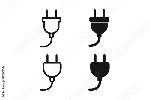 Set of four electrical plug icons in black and white outline and solid fill styles