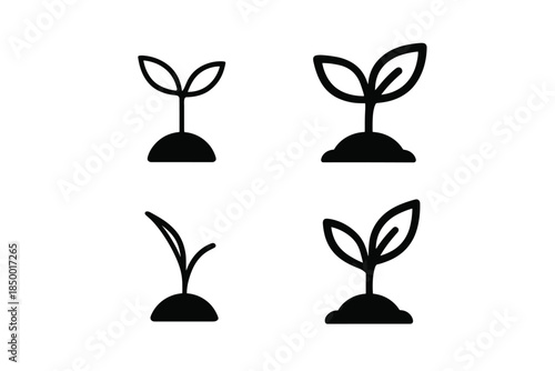 Set of four simple black and white icons depicting plant sprouts growing from soil