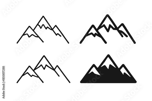 Collection of stylized mountain range icons in outline and solid fill styles