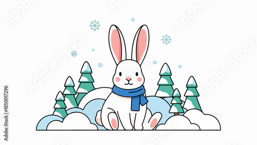 White rabbit with pink ears and blue scarf sitting on a snowy hill with coniferous trees in the background