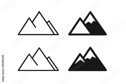 Set of mountain icons, both outlined and filled, representing peaks and summits