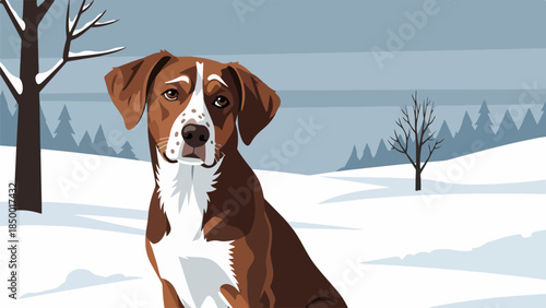Brown and white dog sitting in a serene winter landscape with snow and bare trees