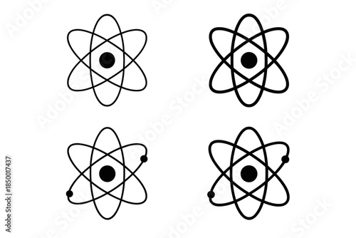 Set of four atom icons with nucleus and orbiting electrons on a white background