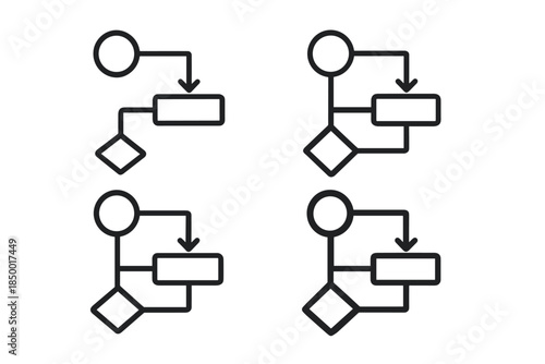 Set of four simple black and white flowchart icons with different branching paths
