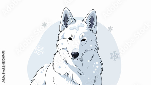White wolf illustration with light blue gradient background and snowflakes