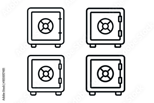 Collection of four simple line art icons representing security safes with combination locks