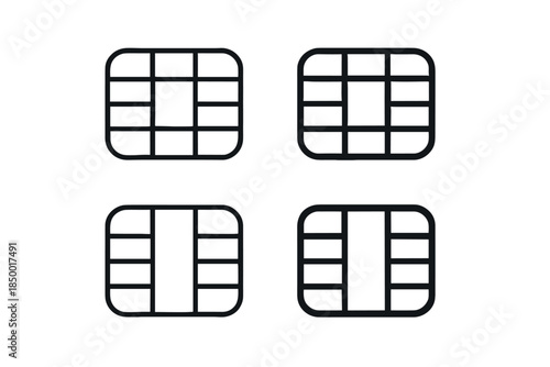 Set of four black and white icons representing credit card chip designs