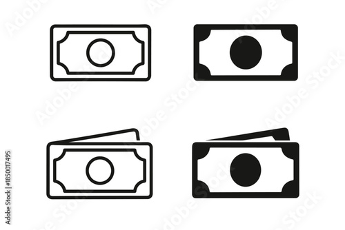 Set of four stylized banknote icons representing currency and financial transactions
