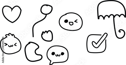 A collection of cute cartoon doodles and emojis